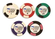 WPT покерные фишки (номиналы от 1 до 100).