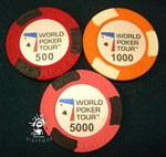 WPT фишки для покера (номиналы 500,1000 и 5000).