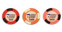WPT фишки для покера (номиналы 500,1000 и 5000).